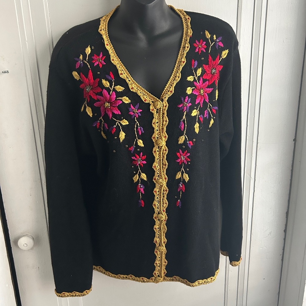 Elegant Vintage Black Cardigan with Floral Embroidery and Gold Accents